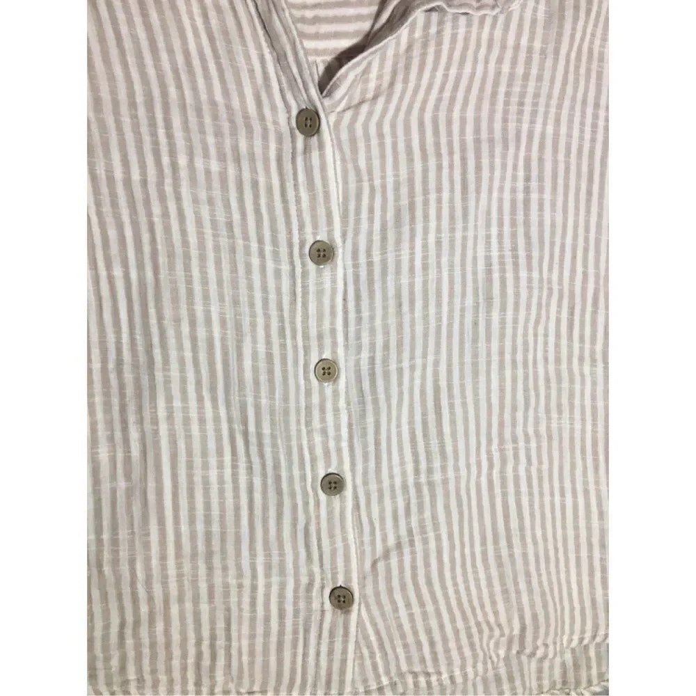 Womens Beachlunchlounge Blouse Size Large Cotton Boho Beachy Button Up Tan White - Picture 2 of 5